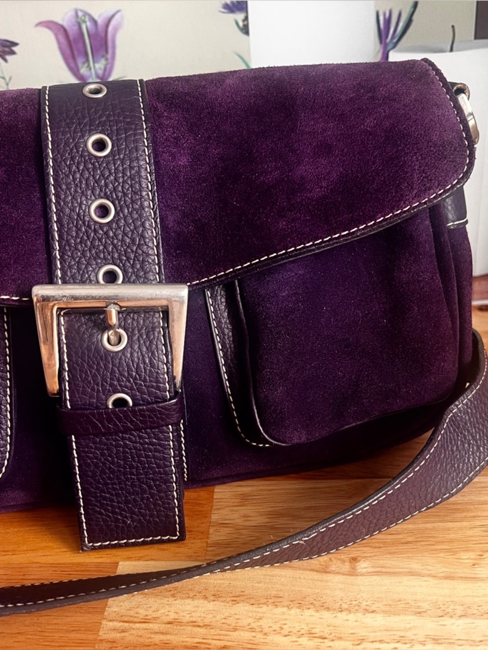 Vintage Purple Genuine Suede Leather Shoulder Bag Made In Italy - Picture 14 of 16